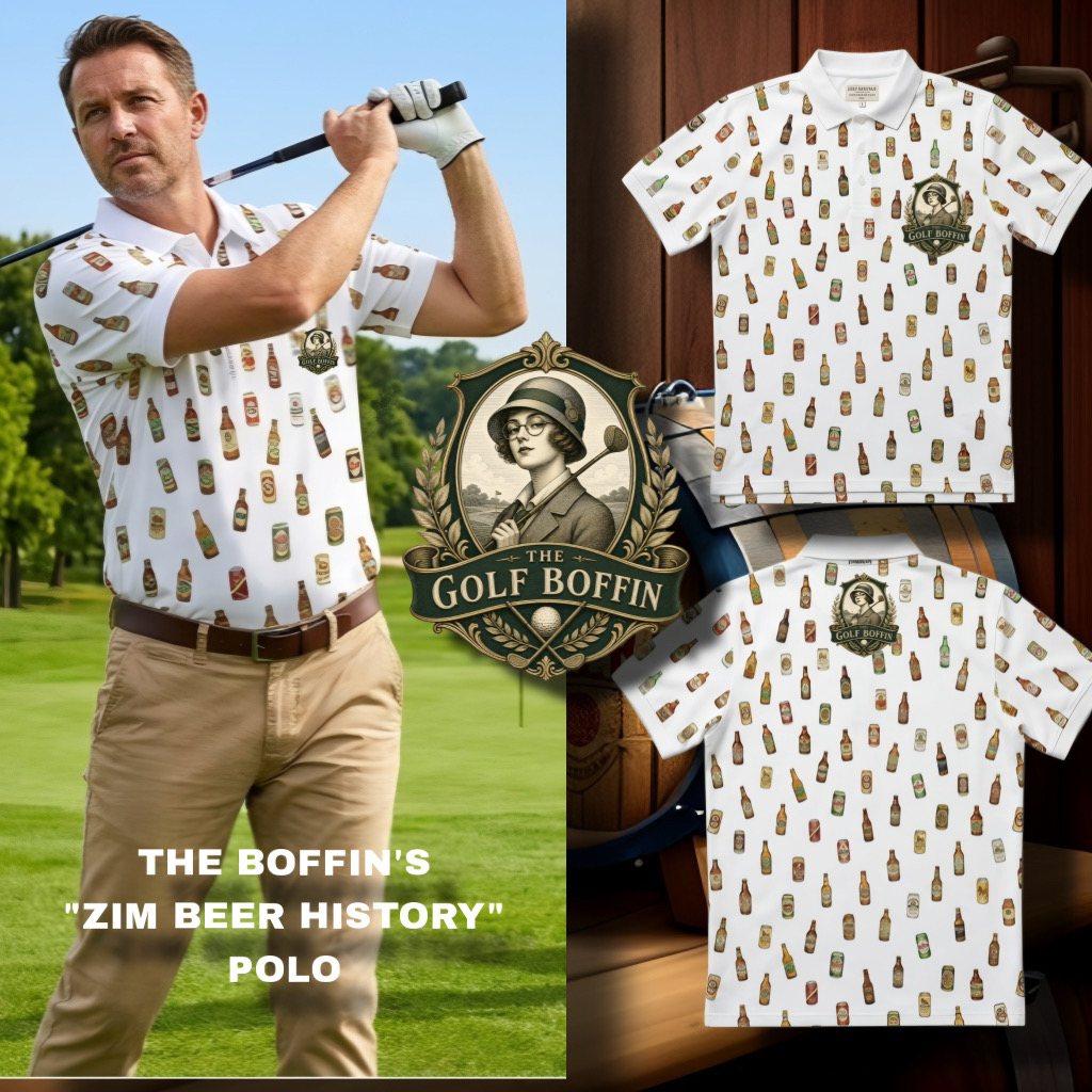 The Boffin's Zim Beer History polo in white with a repeat print of vintage Zimbabwean beer bottles and cans