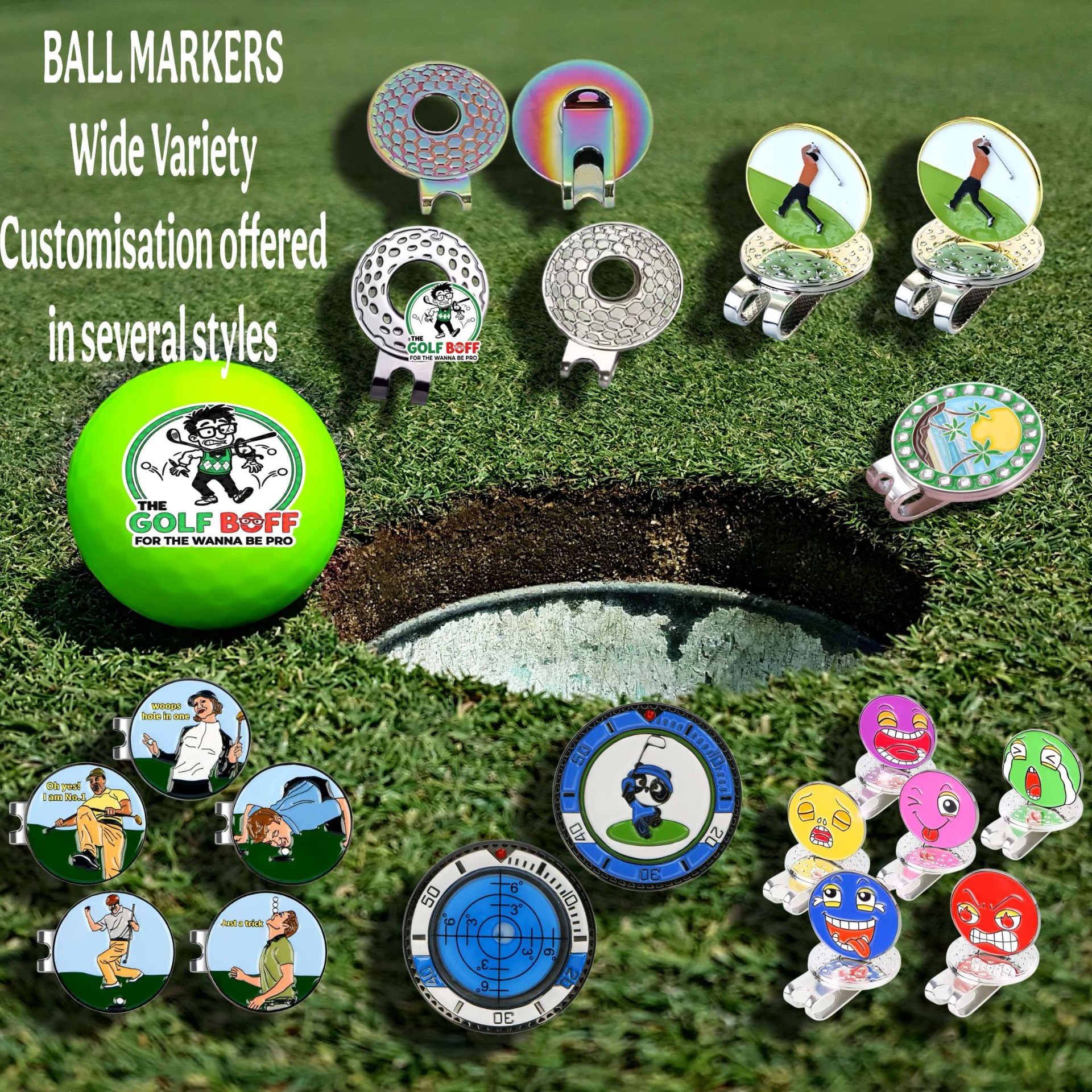Wide variety of customisable golf ball markers and hat clips