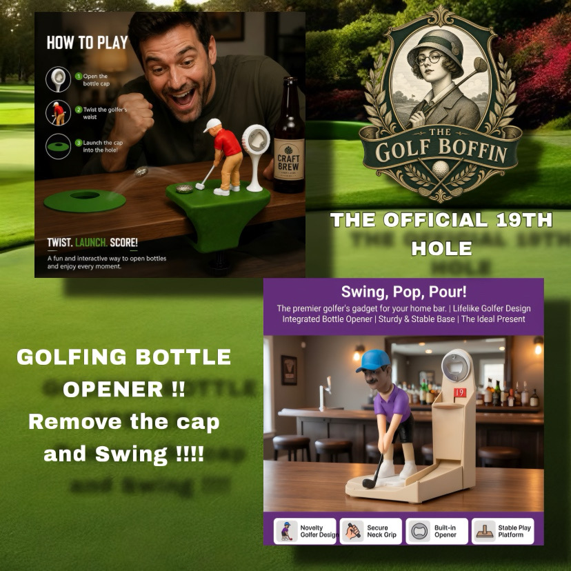 Golfing bottle opener — twist the golfer's waist and launch the cap into the hole