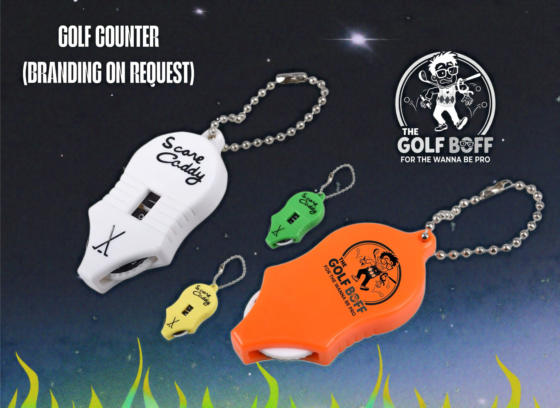 Score Caddy golf stroke counters in white, orange, green and yellow