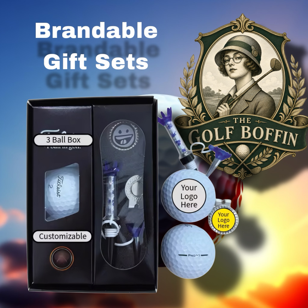 Brandable golf ball gift sets with 3-ball box, ball markers, tees and divot tool