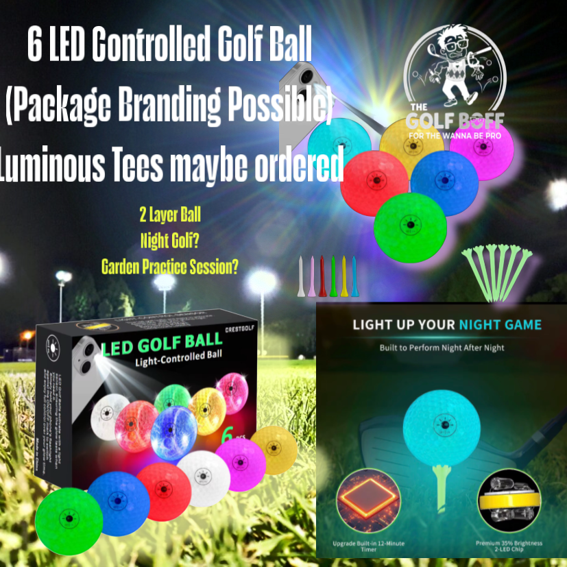 Six LED light-controlled luminous golf balls with luminous tees, package branding possible