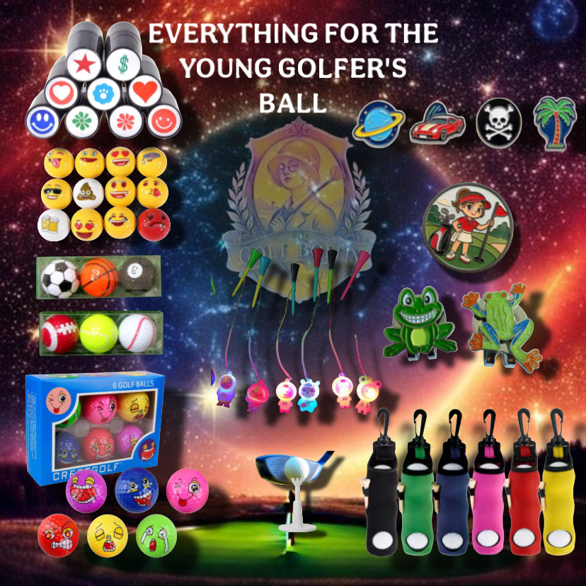 Novelty golf balls, markers, tees and ball holders for young golfers