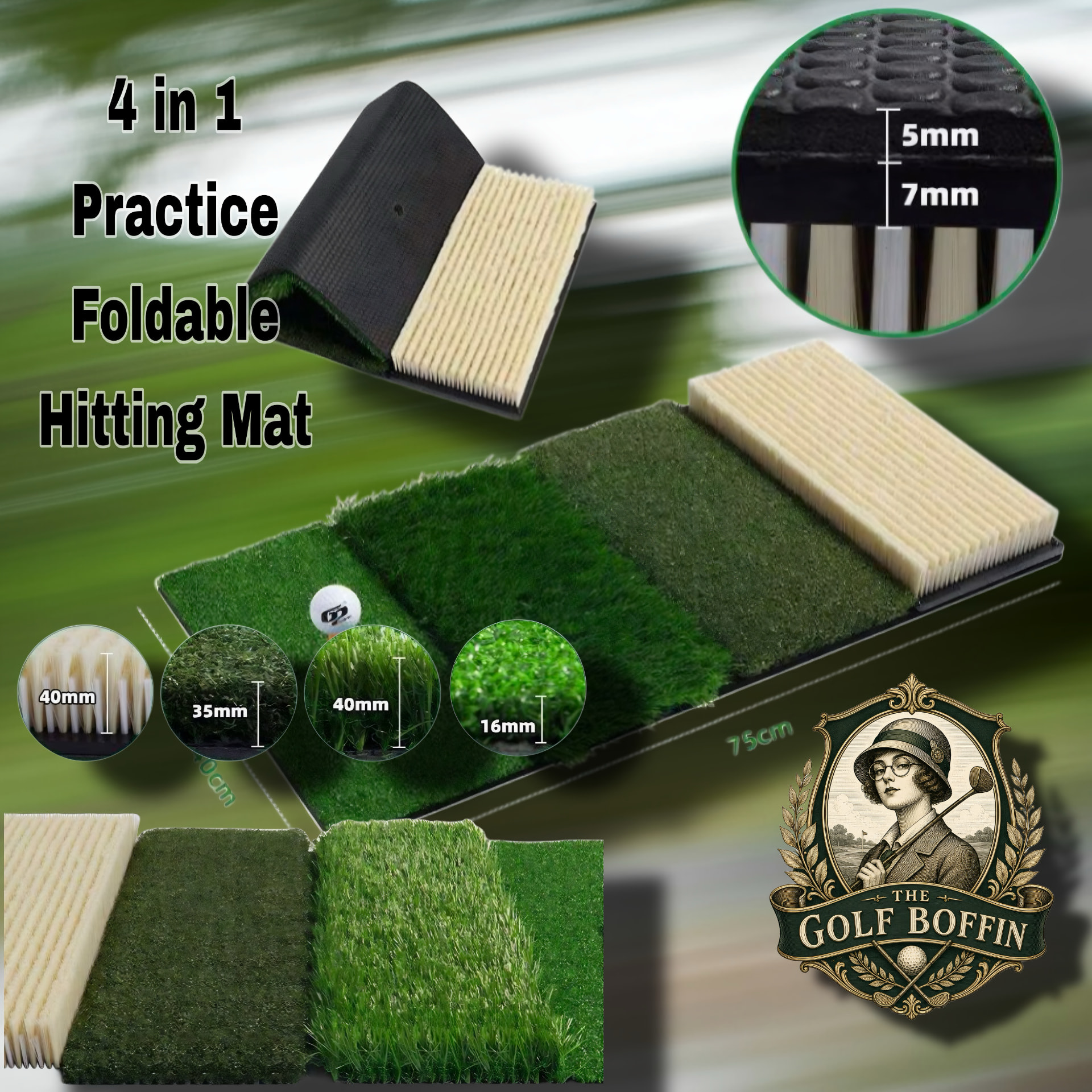4-in-1 foldable practice hitting mat with multiple turf surfaces