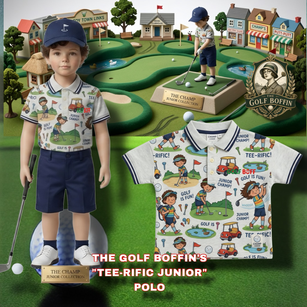 The Golf Boffin's Tee-rific Junior polo with cartoon junior golfers, carts and tees print