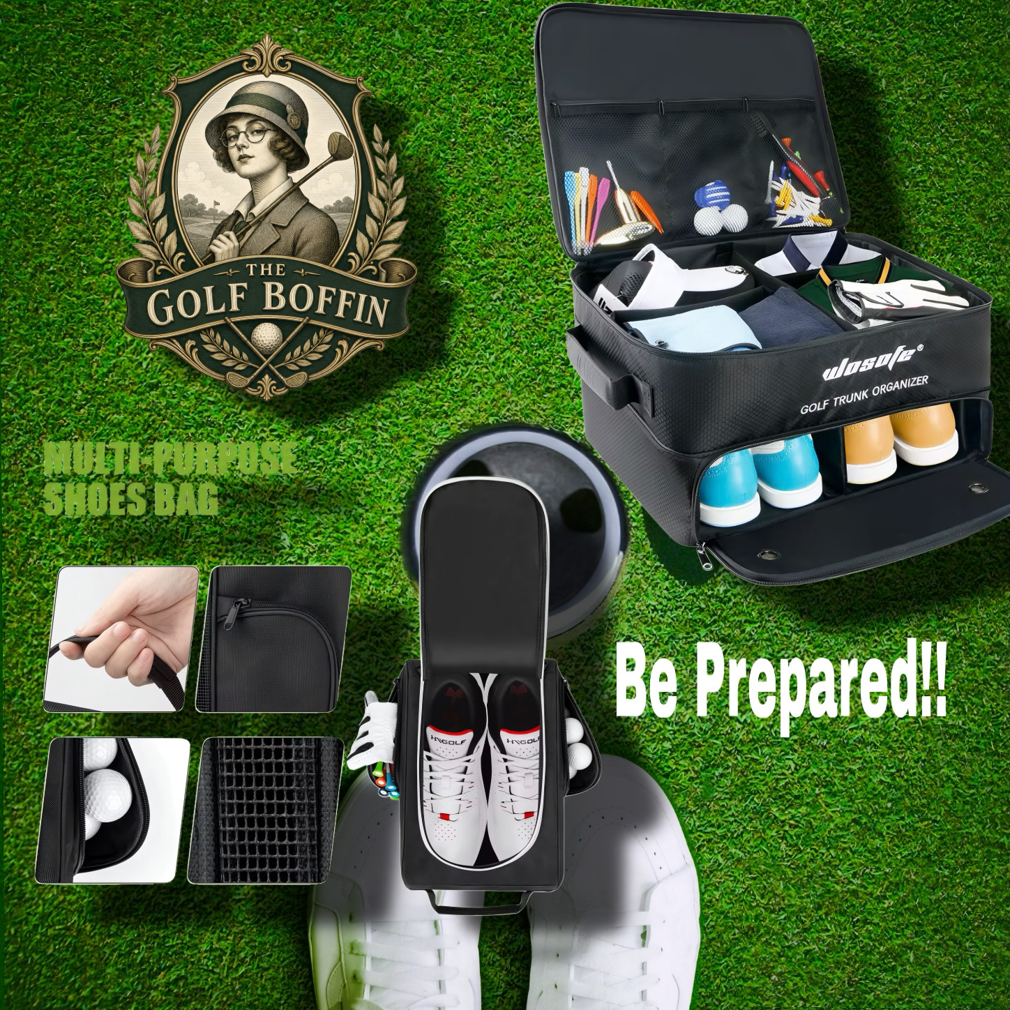 Golf trunk organiser and multi-purpose shoe bag