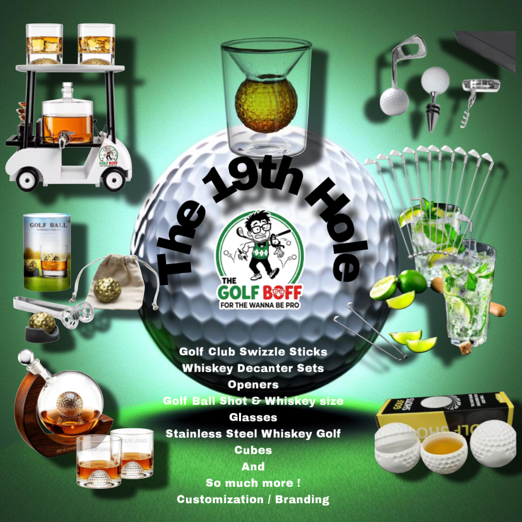 Whiskey decanter sets, golf ball shot glasses, openers and swizzle sticks