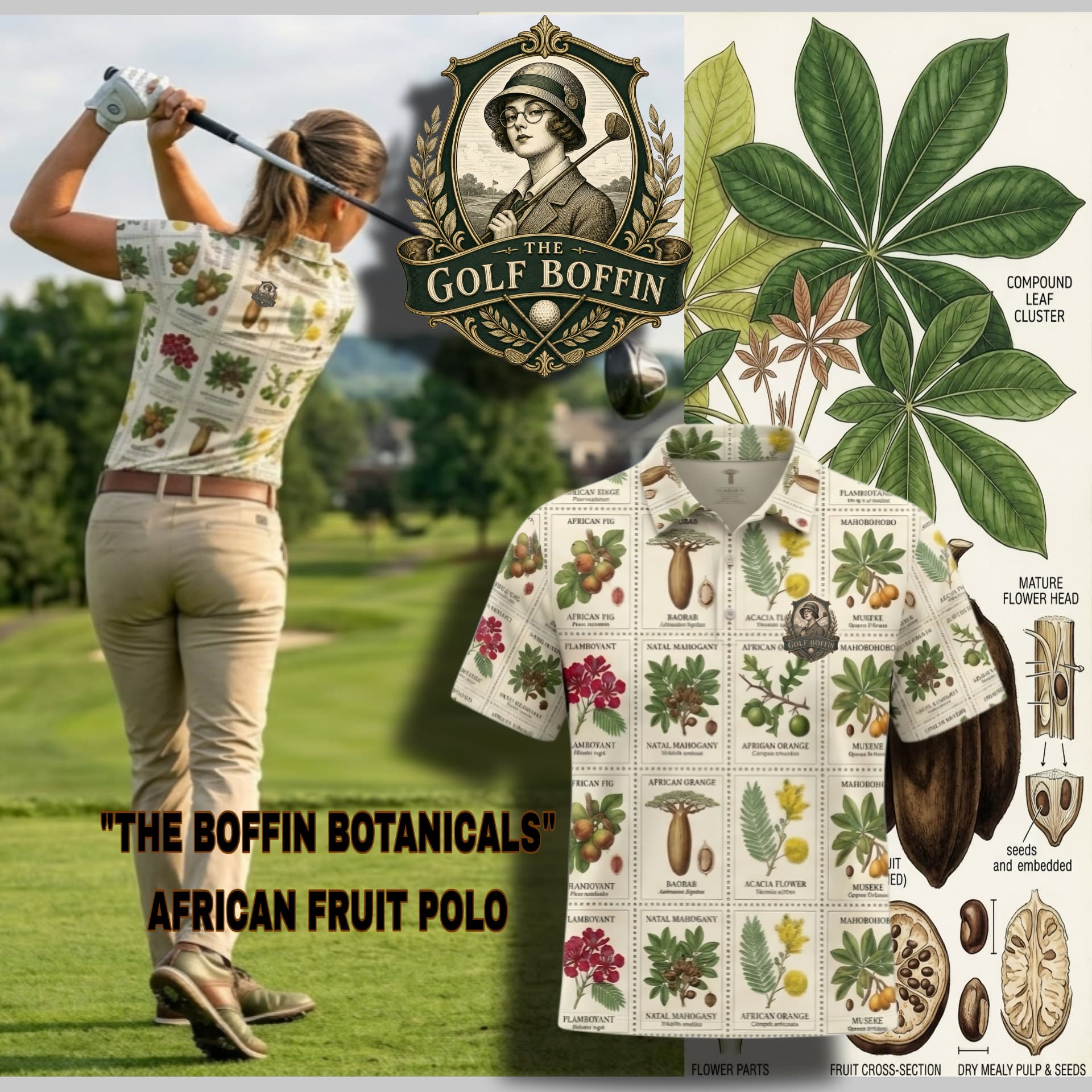 The Boffin Botanicals African Fruit polo with botanical plate print