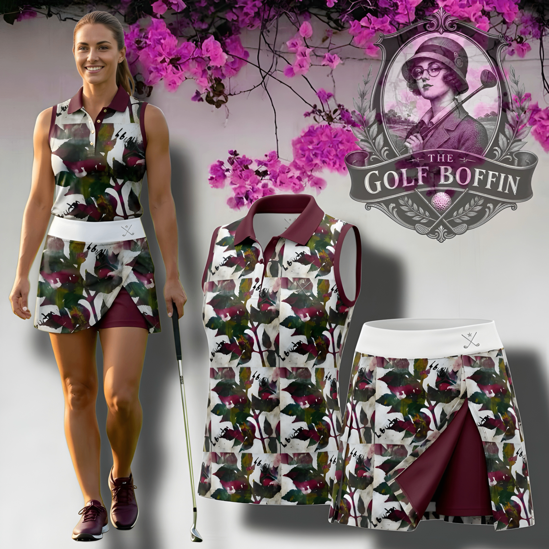 The Golf Boffin ladies' sleeveless botanical polo with a matching wrap skort in white and burgundy with a watercolour floral print