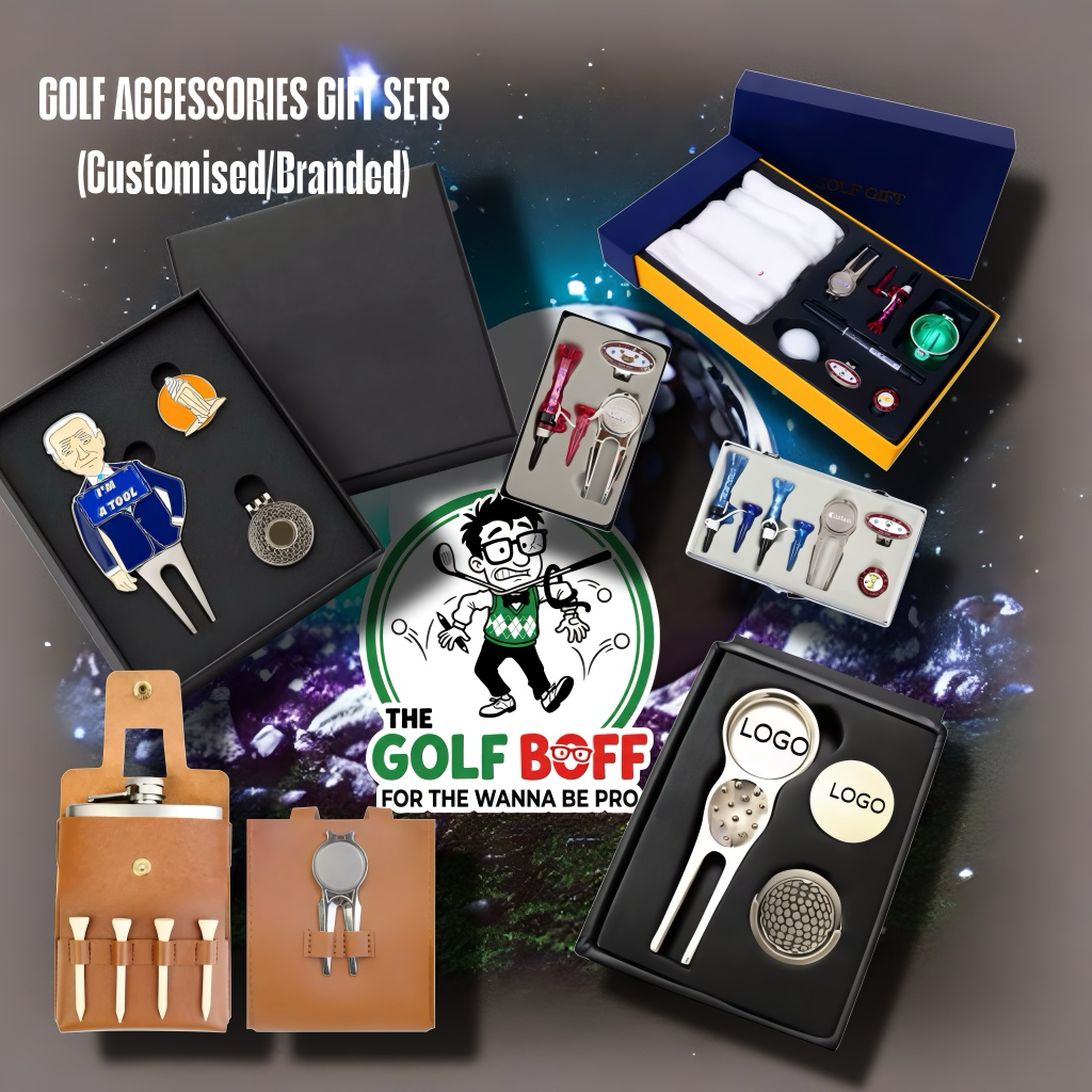 Branded golf accessory gift sets with divot tools, markers and tees